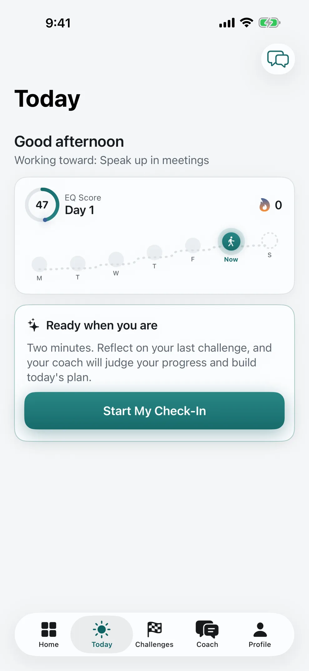EQ Coach app, the Today screen with your daily regulation rep, steadiness score and streak